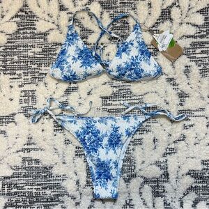Berlook Blue and White Floral Shirred Bikini Top & Bottom Sz S NWT